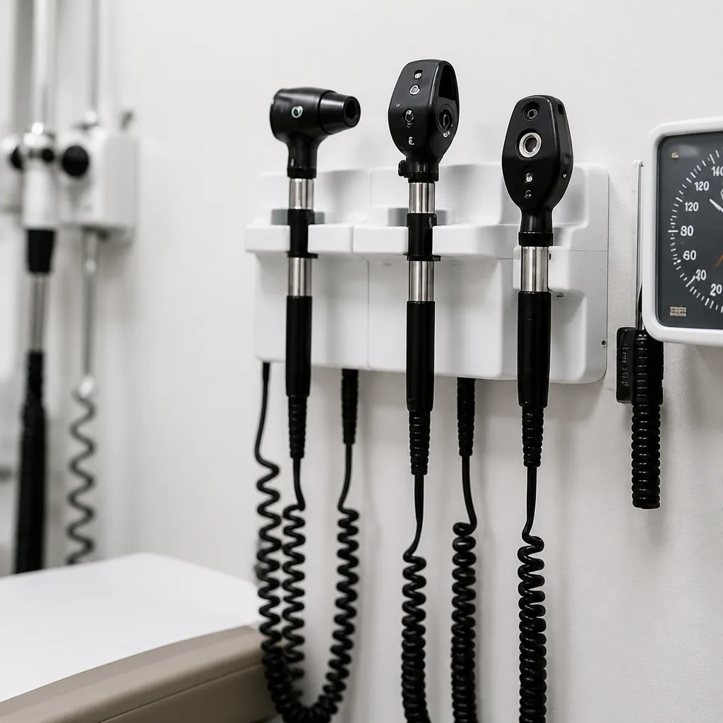 Wall-mounted otoscope and ophthalmoscope set in an examination room