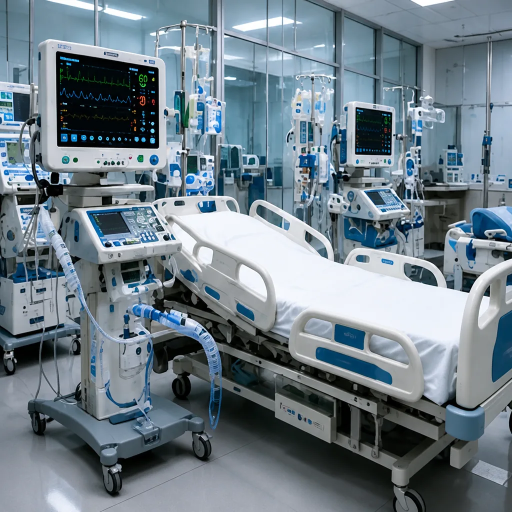 Intensive care bed with a patient monitor and ventilator