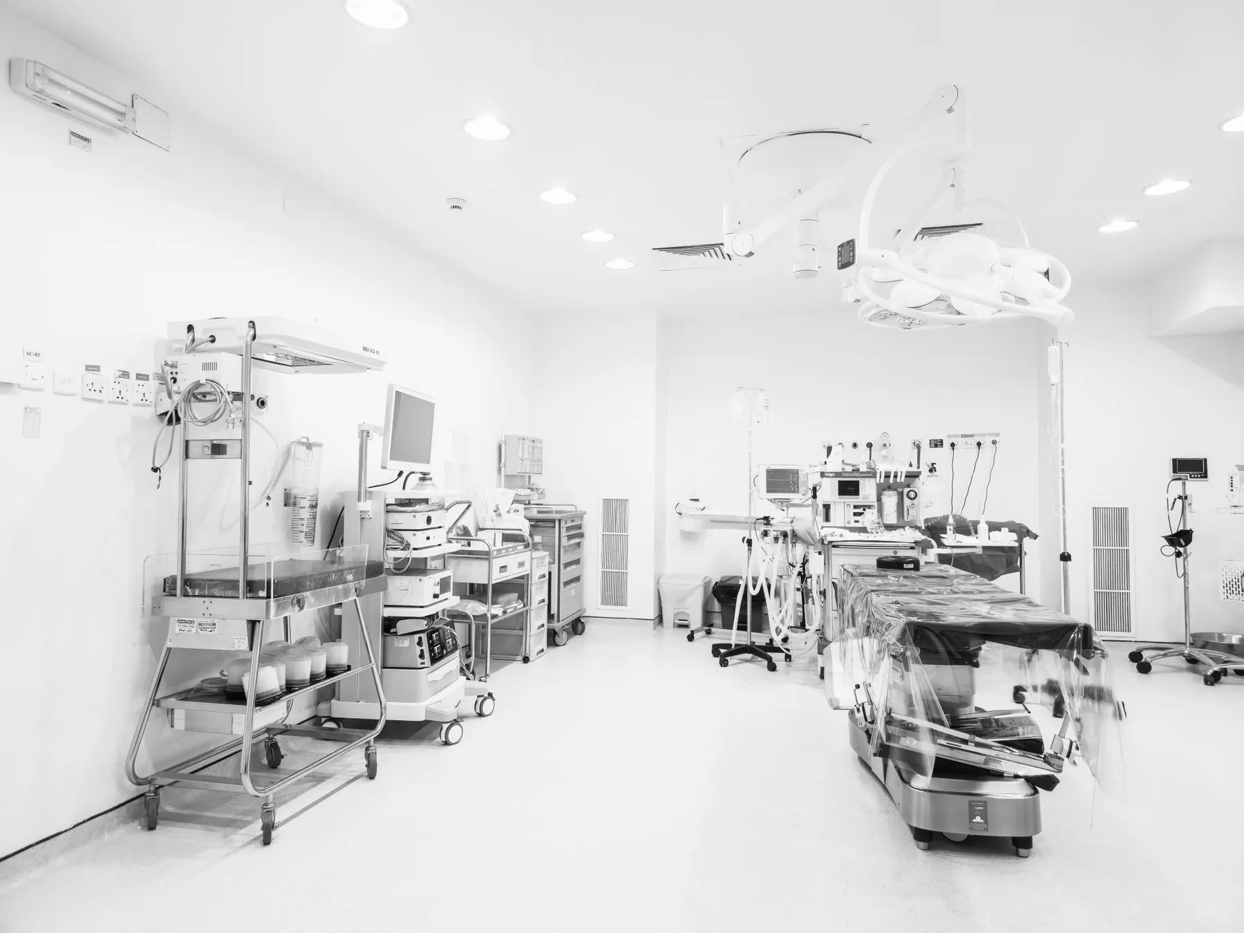 Bright operating room with surgical equipment
