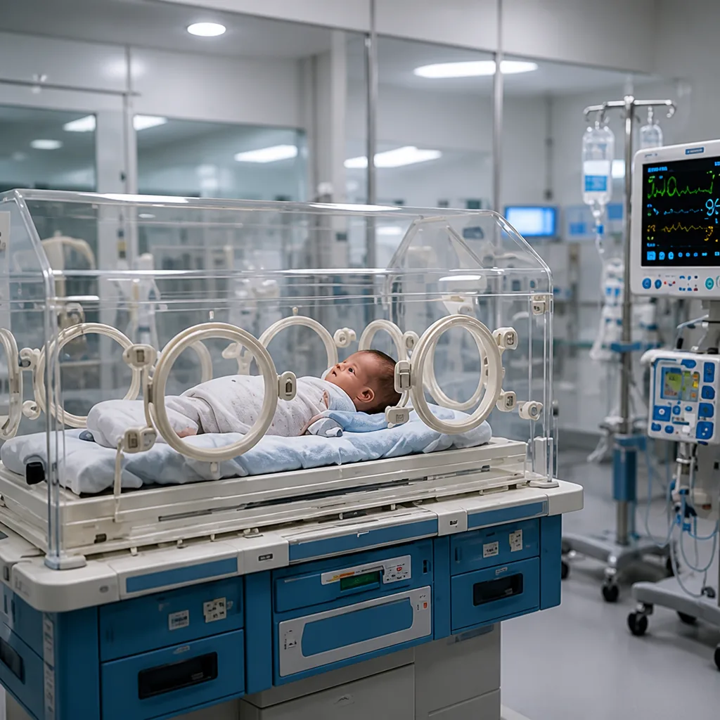 Neonatal incubator with monitoring equipment in a hospital unit